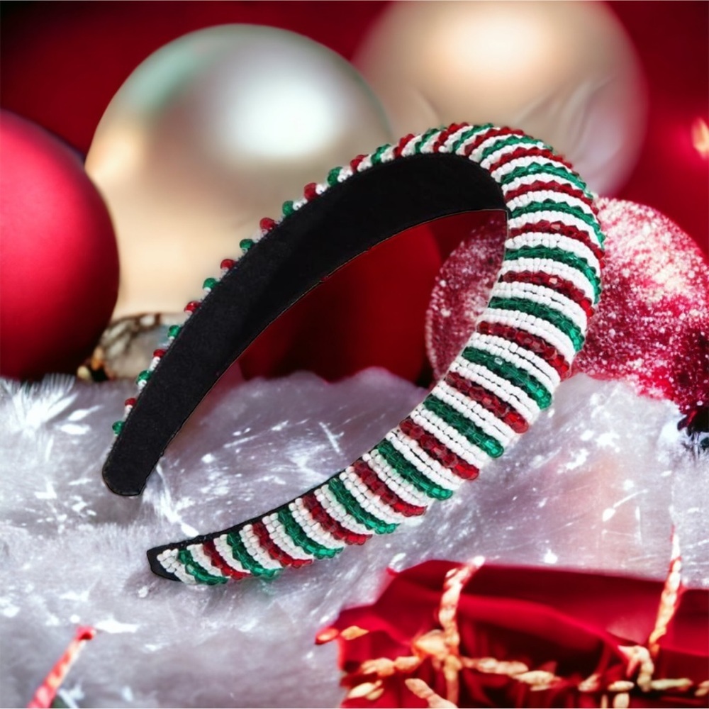 Beaded Christmas Headband, Red and Green, Holiday Headband, Brand New
